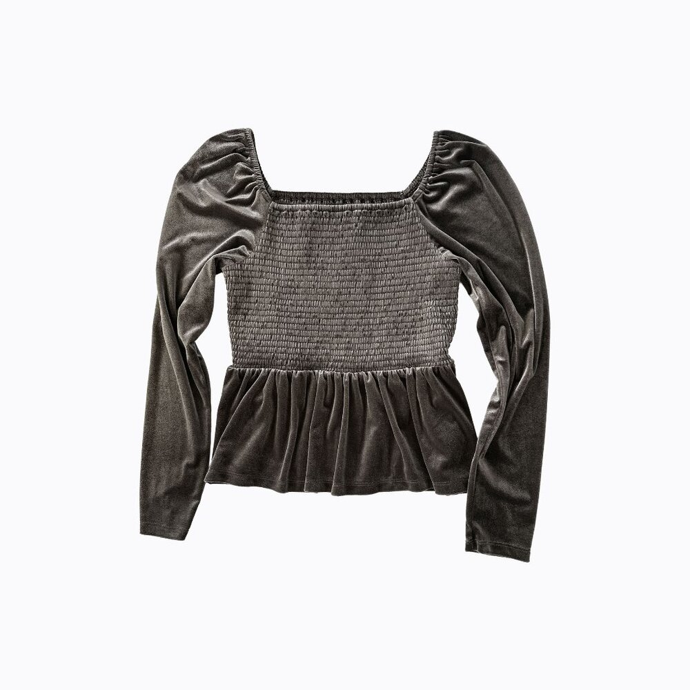 Gap Smocked Peplum Velvet Top M Puff Sleeve Brown Noir Y2K Whimsigoth 90s Grunge